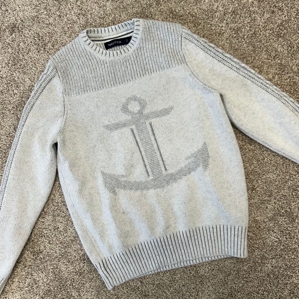 Nautica Intarsia Anchor‎ Pullover Crewneck Sweater Men Size Small Gray (623)